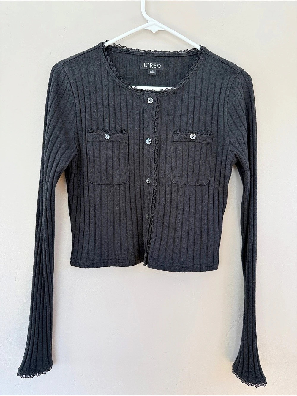 J.Crew Ribbed Lace-Trim Cardigan Black Small